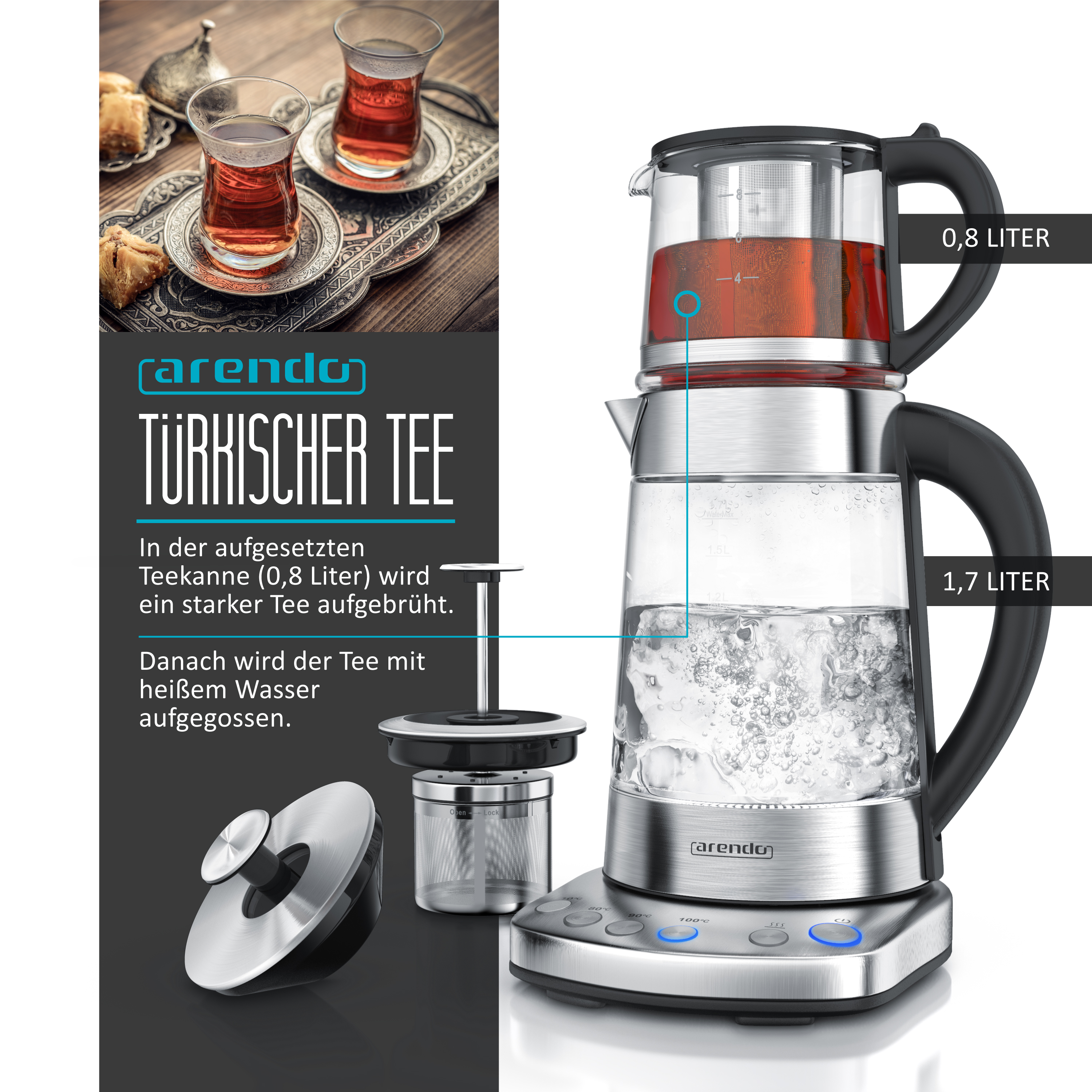 Arendo DENIZ Teekocher Edelstahl Glas Wasserkocher Teesieb 2200W 0,8l Teekanne 4061474007618