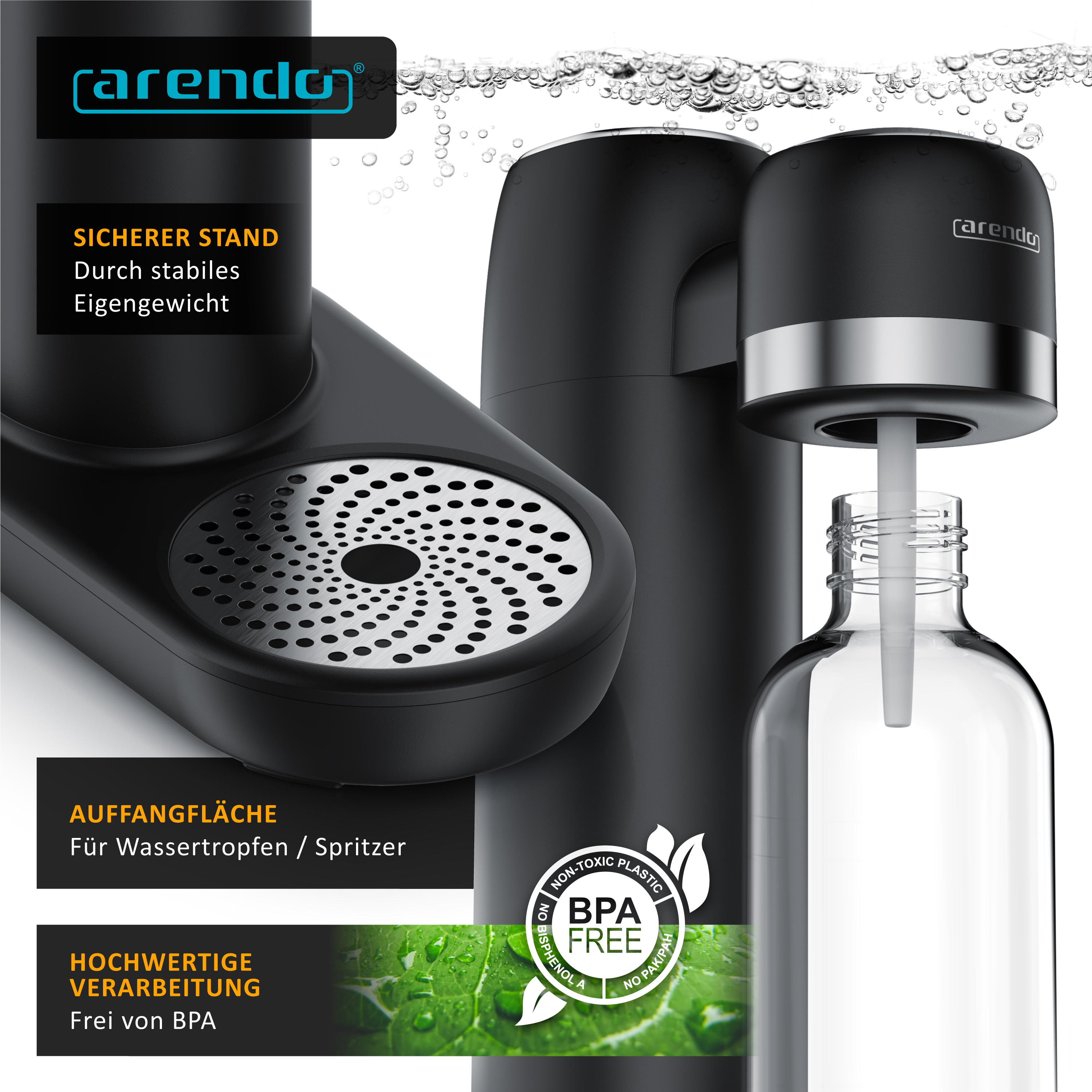 Arendo Sprudelgerät Arendo Soda Maker Wassersprudler - Elektrisch, BPA-frei, Mit 1000ml Flasche, Kompatibel Mit CO2-Zylindern BPA Frei Wassersprudler