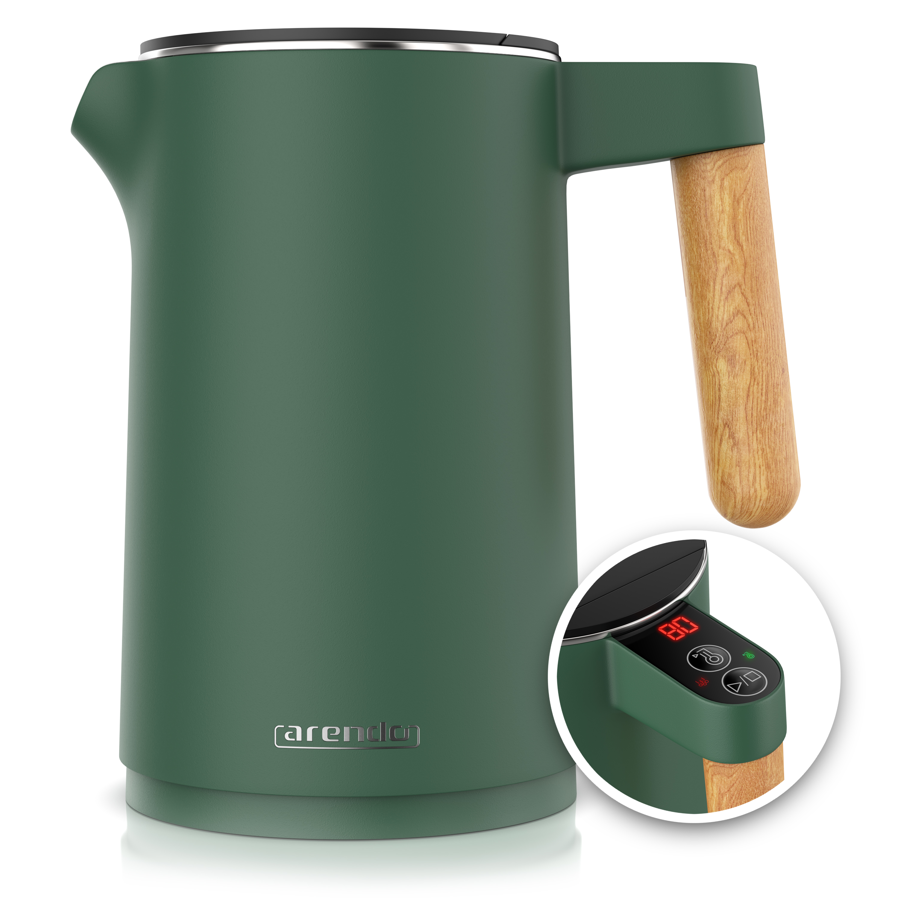 Arendo Wasserkocher 2200W 1,5L Edelstahl Warmhalte Heller Holzgriff Grün