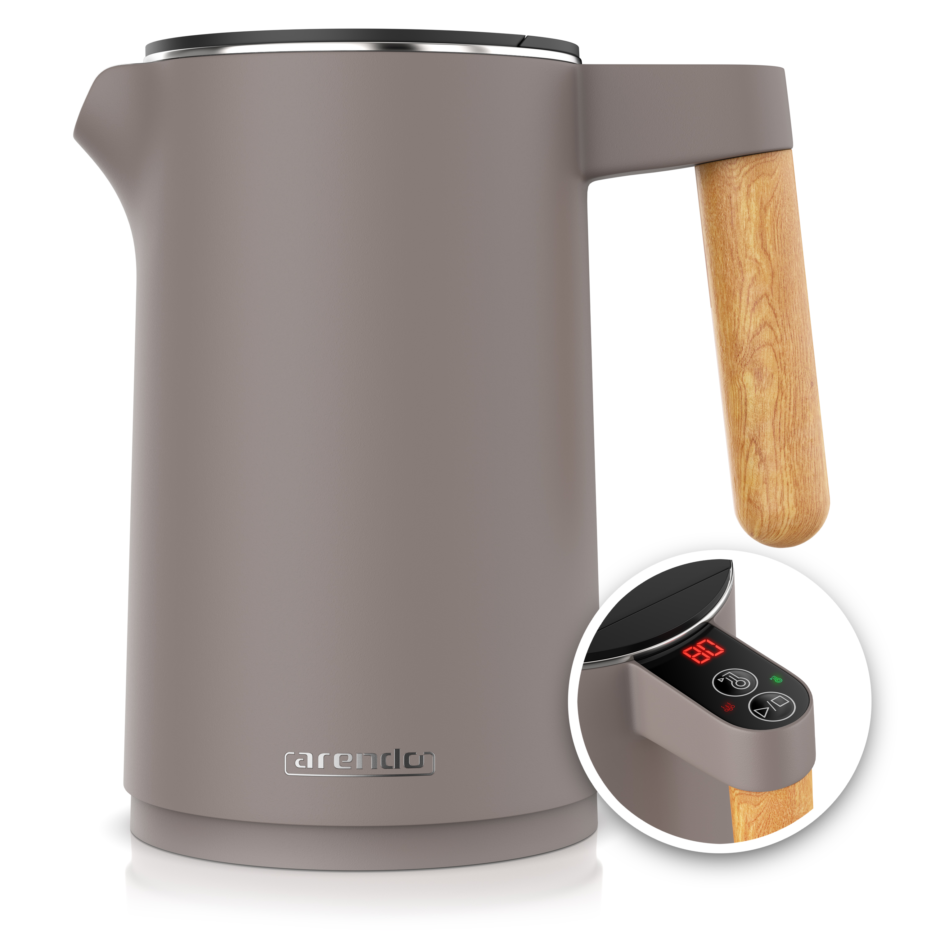 Arendo Wasserkocher 2200W 1,5L Edelstahl Warmhalte Heller Holzgriff Taupe